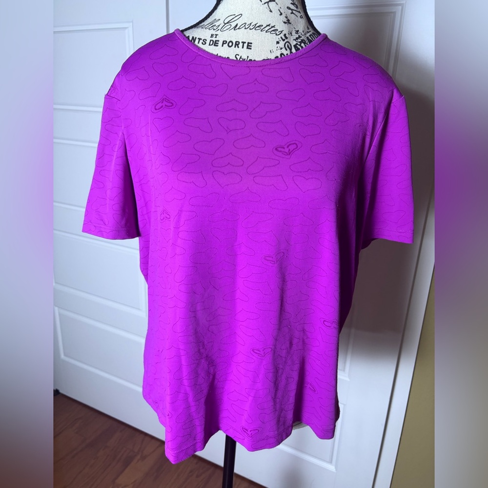 St John Sport by Marie‎ Gray Purple Heart Jacquard Textured Tee Top Large